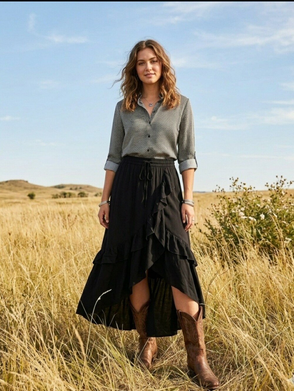 Panhandle Tiered Ruffle Pull On Black Maxi Skirt Western Cowgirl Gypsy Medium
